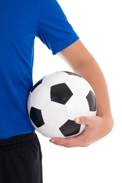 Pallone da calcio in mano del giocatore sopra bianco — Foto Stock