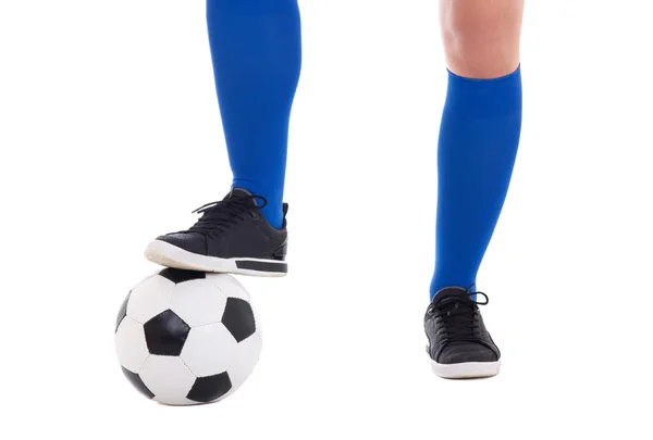 Legs of soccer player and ball close-up isolated on white — Stock Photo, Image