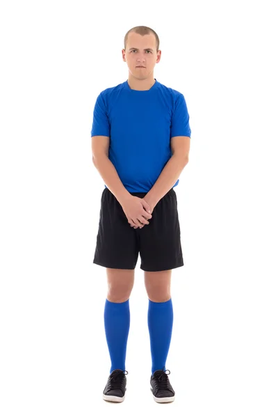 Jogador de futebol em comprimento completo uniforme azul, isolado no branco — Fotografia de Stock