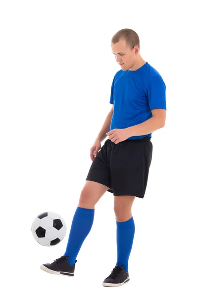 Joueur de football attrayant à jouer uniforme bleu avec ballon isola — Photo