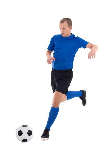 Jogador de futebol em azul, chutando a bola de couro isolada no branco — Fotografia de Stock