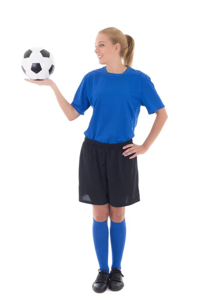 Jogador de futebol feminino de uniforme azul segurando o o isolado de bola — Fotografia de Stock