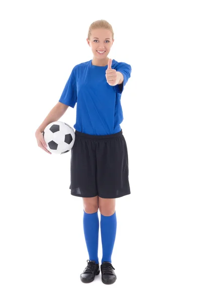 Female soccer player in blue uniform holding the ball thumbs up — Stock Photo, Image