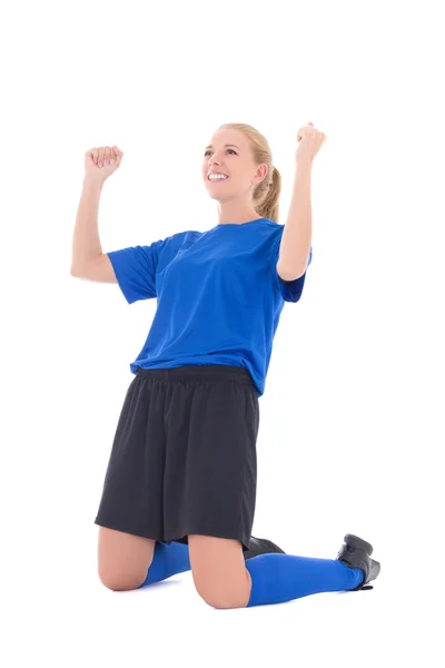 Female soccer player in blue uniform celebrating goal isolated o — Stock Photo, Image