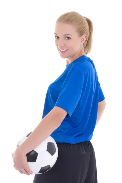 Portrait of female soccer player in blue uniform with ball isola — Stock Photo, Image