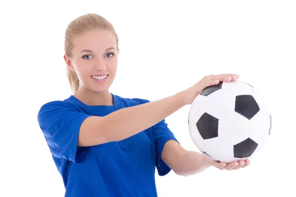 Mulher bonita camisa azul com bola de futebol — Fotografia de Stock