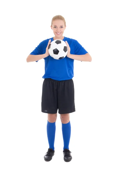 Giovane e bella donna in blu con pallone da calcio — Foto Stock