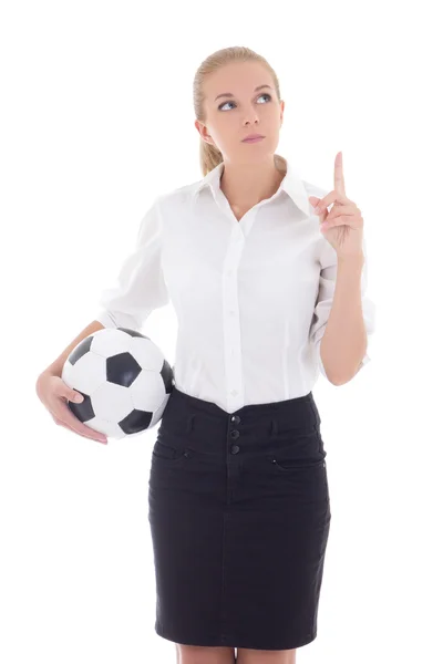 Ung affärskvinna med fotboll boll visar isolerad på vit — Stockfoto