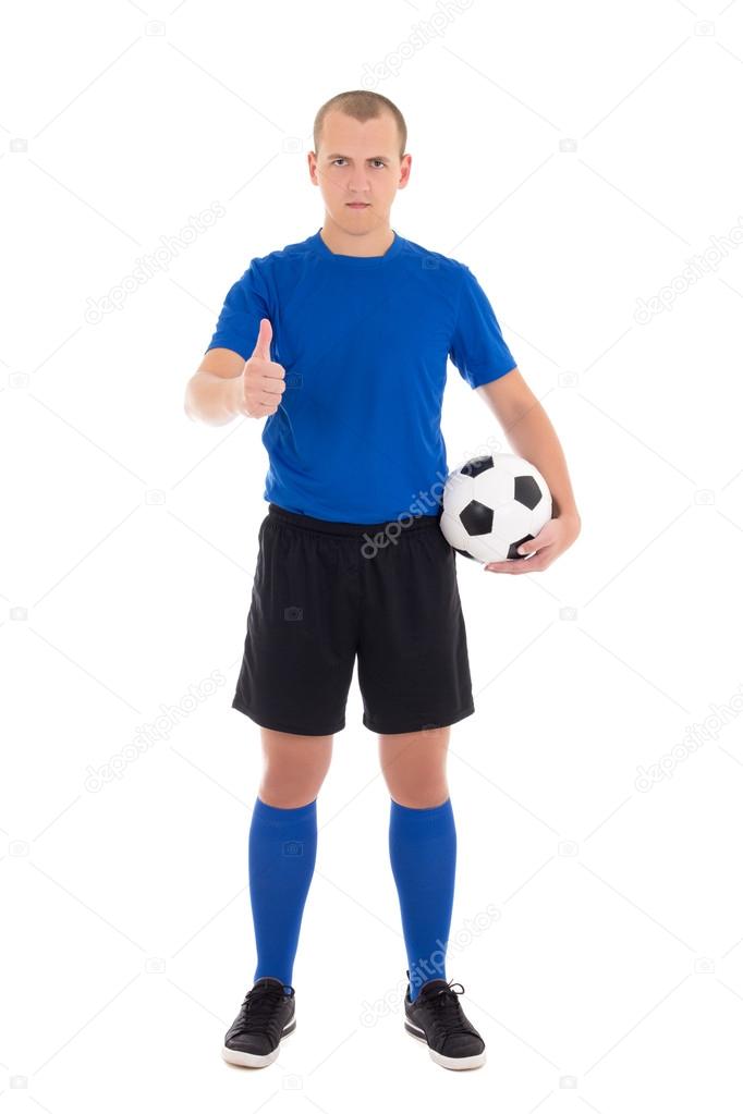 Soccer player with a ball thumbs up on white background