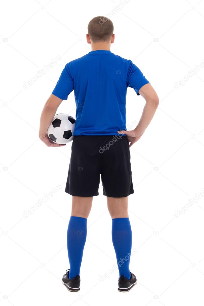 Back view of soccer player in blue uniform isolated on white