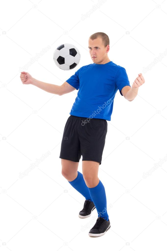 soccer player in blue stop the ball with his chest isolated on w