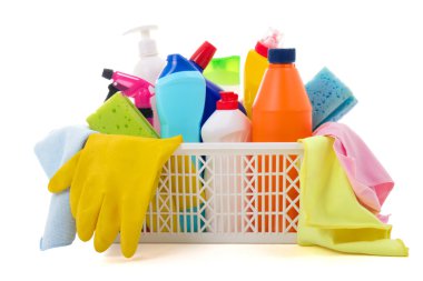 cleaning equipment in basket isolated on white background