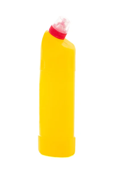 Yellow plastic bottle of dishwashing liquid isolated on white — Stock Photo, Image