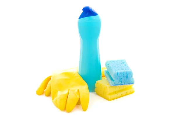 Plastic bottle, cleaning sponges ang gloves isolated on whit — Stok Foto