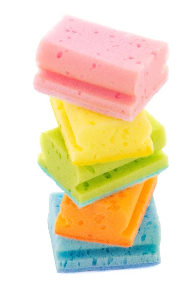 Tower of colorful sponges isolated on white — Stock Photo, Image