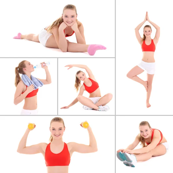 Collage de fotos deportivas: hermosa joven haciendo fitness —  Fotos de Stock