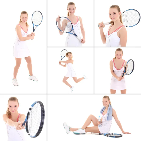 Collage van sportieve foto's: jonge mooie tennis speler isolat — Stockfoto