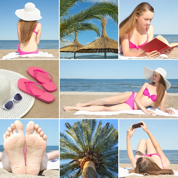 Collage di foto di vacanza bella estate con giovane donna — Foto Stock