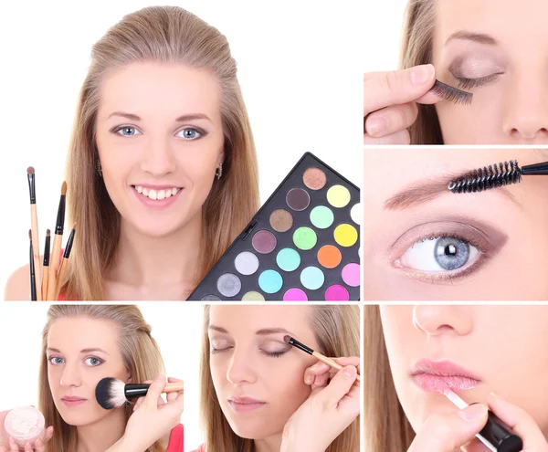 Collage of a beautiful woman applying make up — Stock Photo, Image