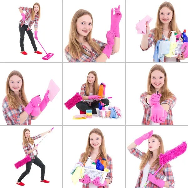 Collage aus junge schöne Frau, die Hausarbeit lizenzfreie Stockfotos