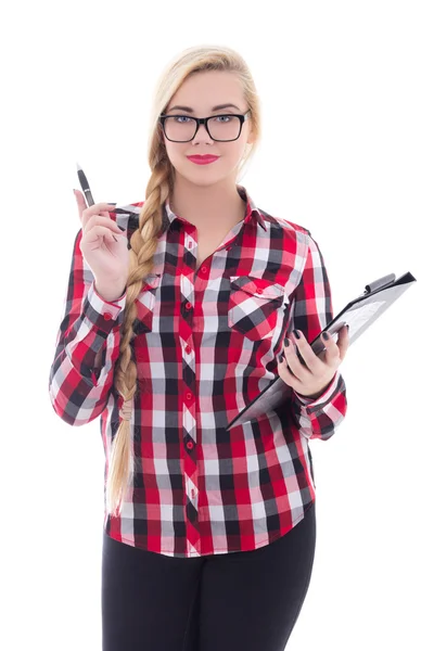 Attractive schoolgirl in eyeglasses with folder in her hand isol — Stock Photo, Image