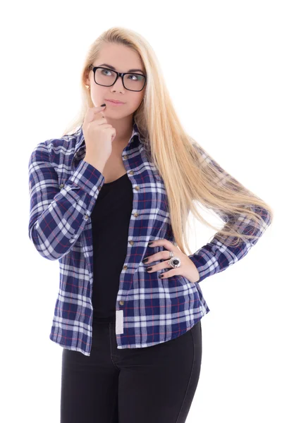 Garota de óculos a sonhar com longo cabelo bonito posando isol — Fotografia de Stock