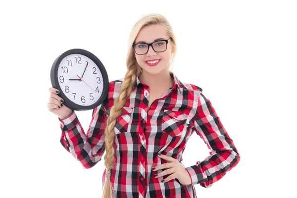 Portrait of beautiful teenage girl in eyeglasses holding clock i — Stock Photo, Image