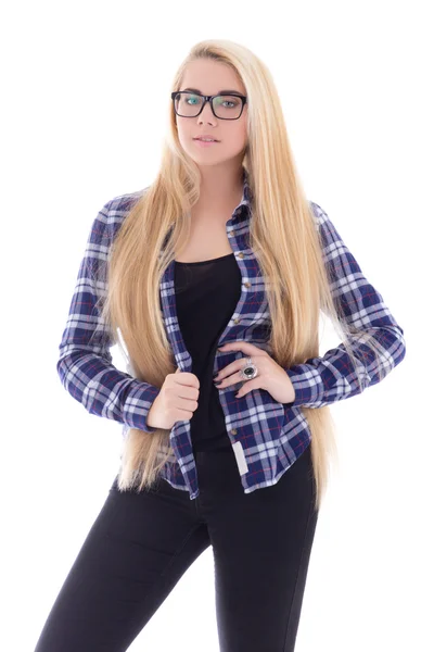 Attractive teenage girl in eyeglasses with beautiful long hair p — Stock Photo, Image