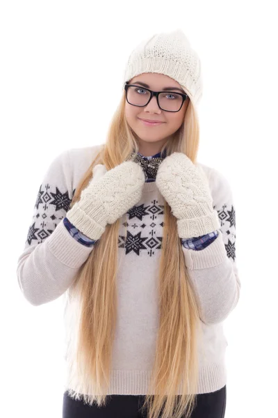 A szemüvegek fiatal aranyos nő, hosszú hajú, meleg téli clo — Stock Fotó