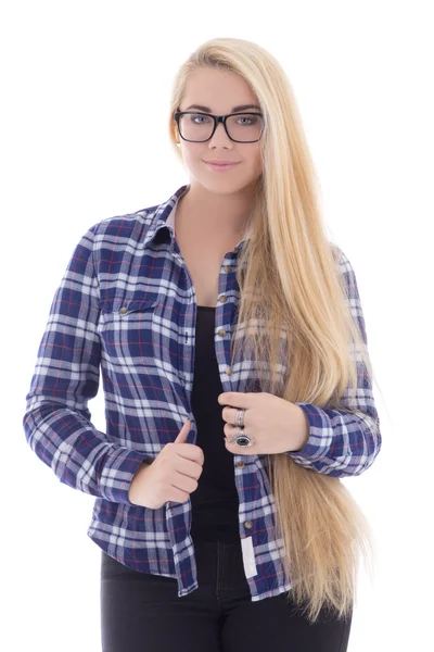 Ragazza in occhiali da vista con i capelli lunghi, isolato su bianco — Foto Stock