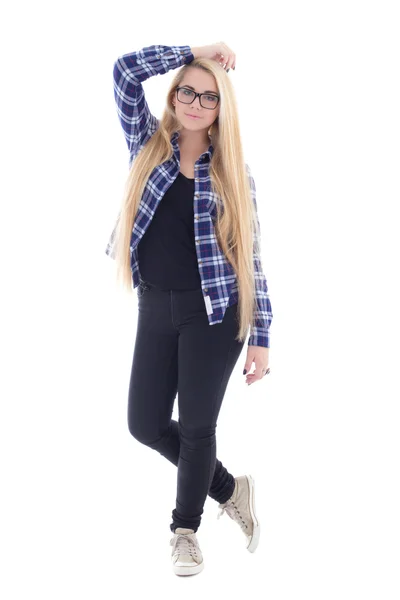 Dospívající dívka v brýlí s krásné dlouhé vlasy představují isola — Stock fotografie