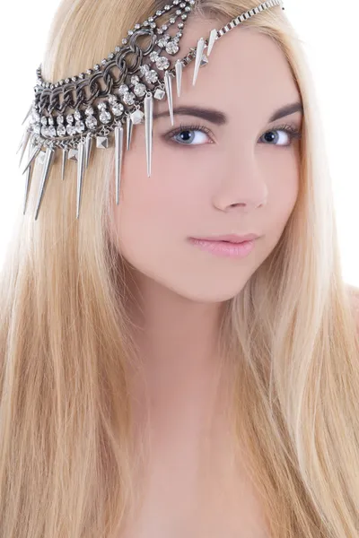 Attractive blondie woman with necklace on her head — Stock Photo, Image