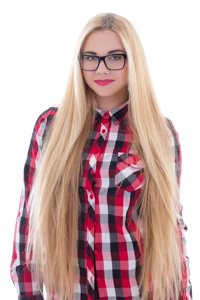 Beautiful girl in eyeglasses with long hair isolated on white — Stock Photo, Image