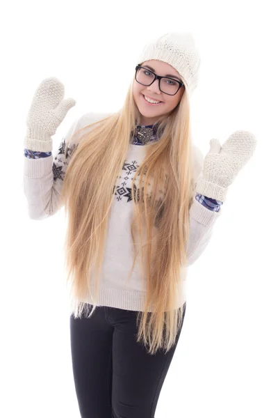 Teenage girl with beautiful long hair in warm winter clothes iso — Stock Photo, Image