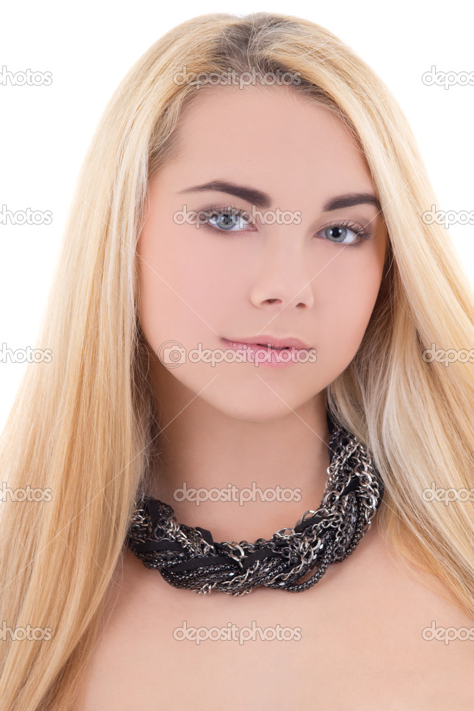 attractive blondie woman with necklace isolated on white