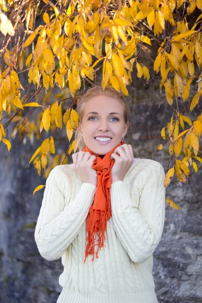 Hermosa joven en suéter blanco posando contra el muro de piedra —  Fotos de Stock