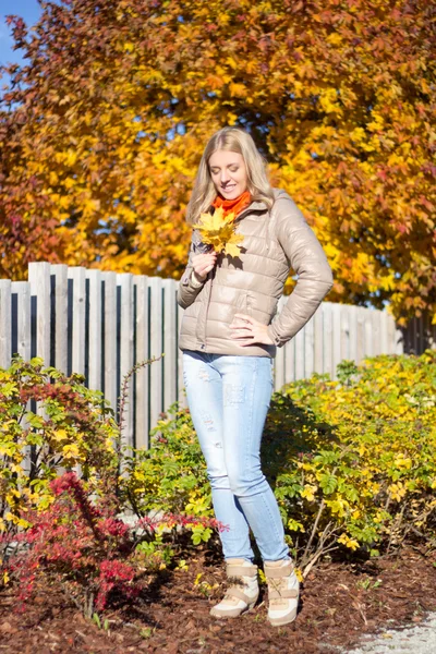 Portré, fiatal, gyönyörű nő a maple csokor levelek — Stock Fotó