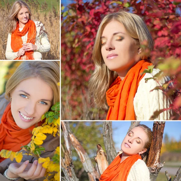 Collage de belle femme qui pose en automne parc — Photo