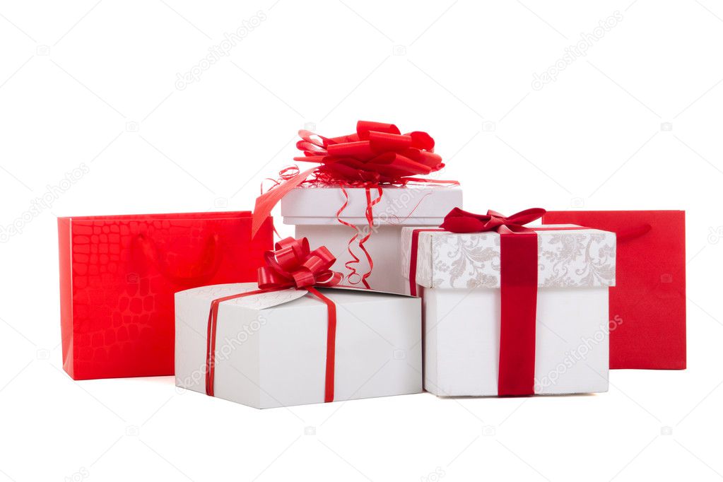 gift boxes with red ribbon on white background