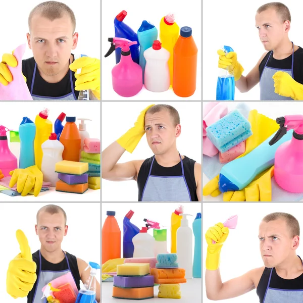Kolaż człowiek robi praca sprzątanie — Zdjęcie stockowe