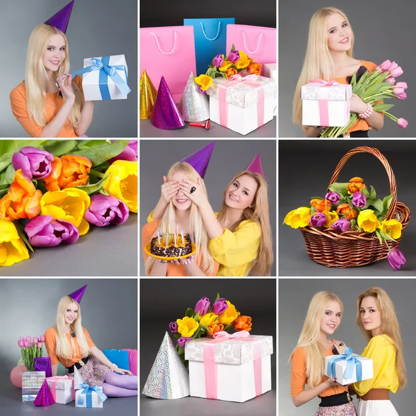 Collage of two young female friends celebrating birthday — Stock Photo, Image