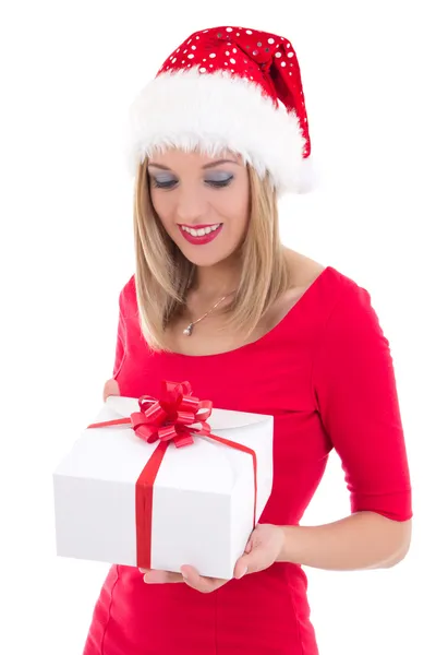 Mulher feliz no chapéu de Papai Noel com presente — Fotografia de Stock