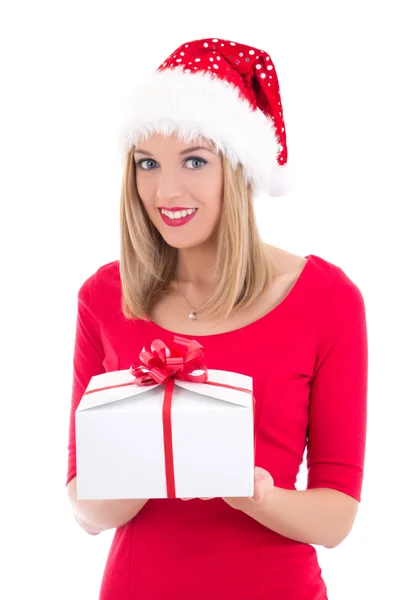 Happy woman in santa hat with gift isolated on white background — Stock Photo, Image