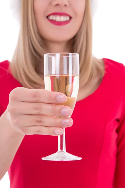 Karácsonyi nő pohár pezsgővel elszigetelt fehér — Stock Fotó