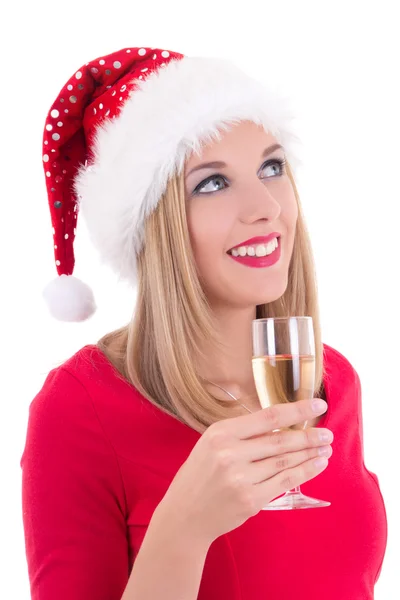 Beautiful young woman in santa hat dreaming with glass of champa — Stock Photo, Image