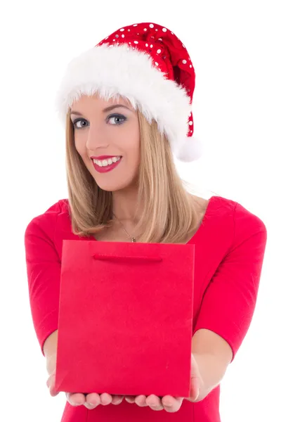 Retrato de uma jovem mulher com chapéu de Papai Noel com saco de presente isolado na w — Fotografia de Stock