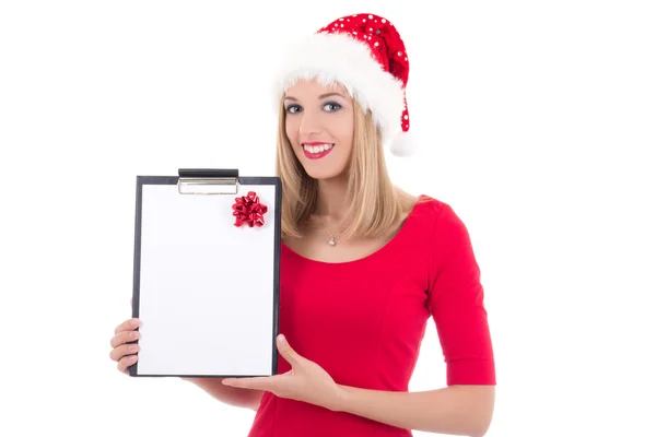 Retrato de uma jovem mulher com chapéu de Papai Noel com lista de presente isolada na — Fotografia de Stock