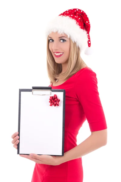É o retrato de uma jovem mulher bonita no chapéu de Papai Noel com lista de presente — Fotografia de Stock