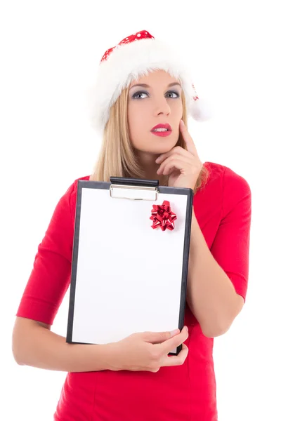 Krásná žena v santa hat s seznam přání představuje izolované na w — Stock fotografie