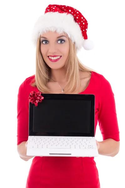 Jovem mulher com chapéu de Papai Noel segurando o caderno sobre branco — Fotografia de Stock